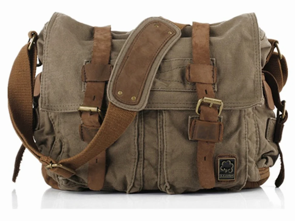 Sechunk Sac à bandoulière vintage militaire en cuir pour ordinateur portable Sac à bandoulière rétro