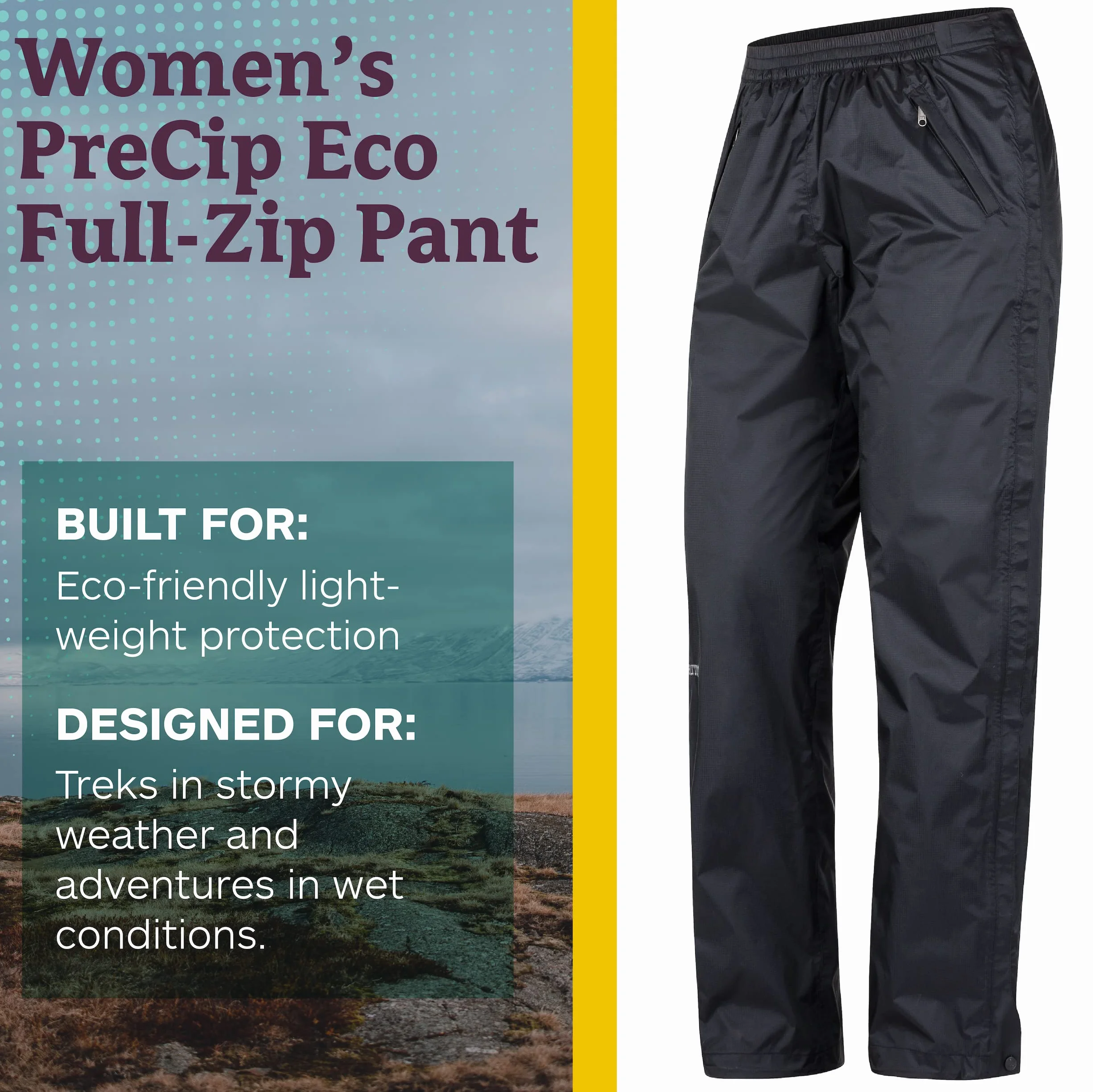 Marmot Wm's Precip Eco Full Zip Pant Long, Imperméable Pantalon étanche Femme Pluie Coupe Vent Respirant