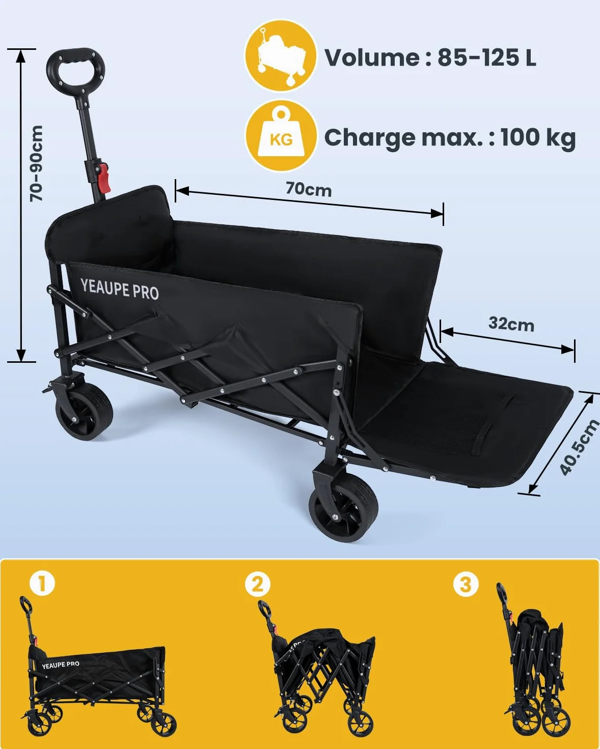 YEAUPE PRO Chariot de Plage Pliable Capacité Max. 125L 100KG, Chariot de Transport à roulettes Tout Terrain Poignée Réglable Charrette pour Extérieur Camping Pique, avec Poche intérieure