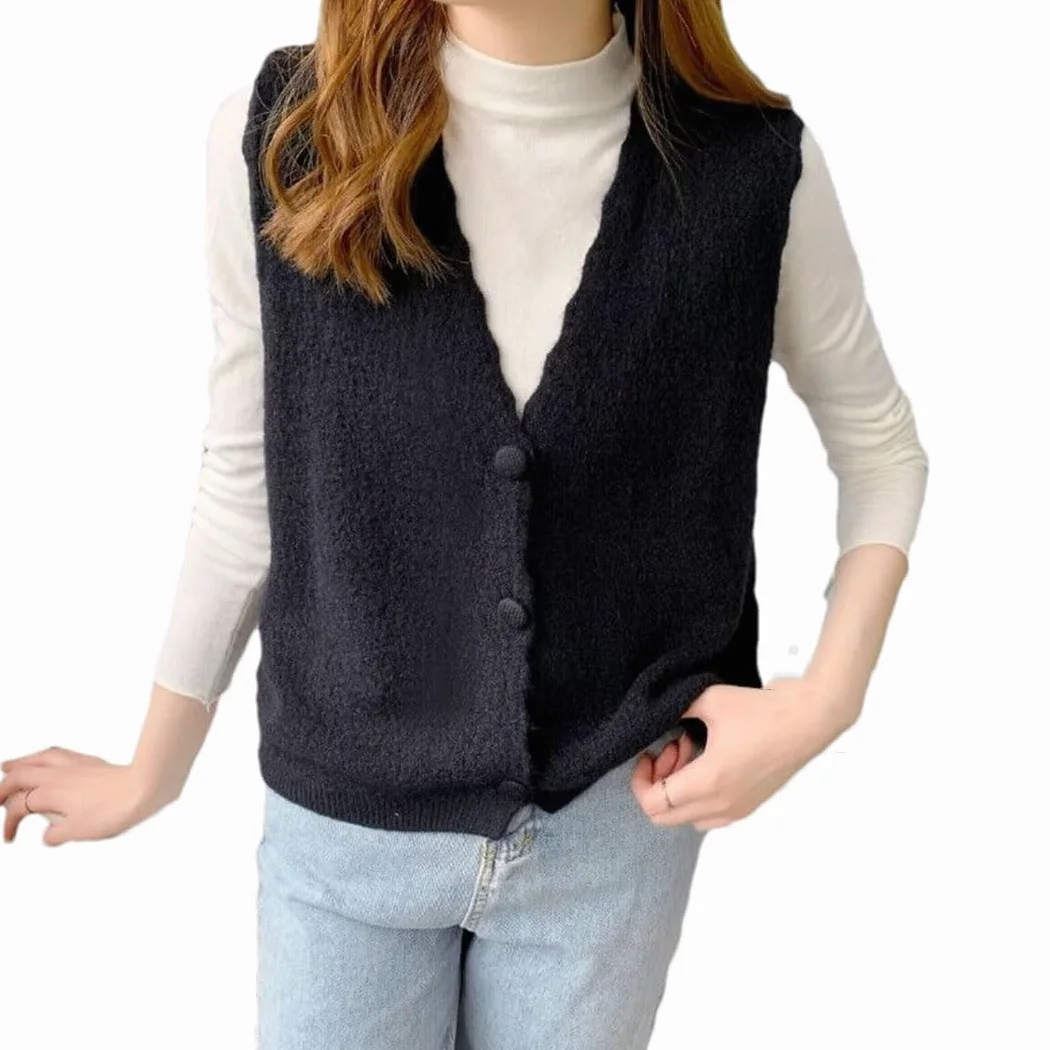Alloaone Cardigan Tricoté sans Manches pour Femmes, Col en V, Pull, Pull À Simple Boutonnage