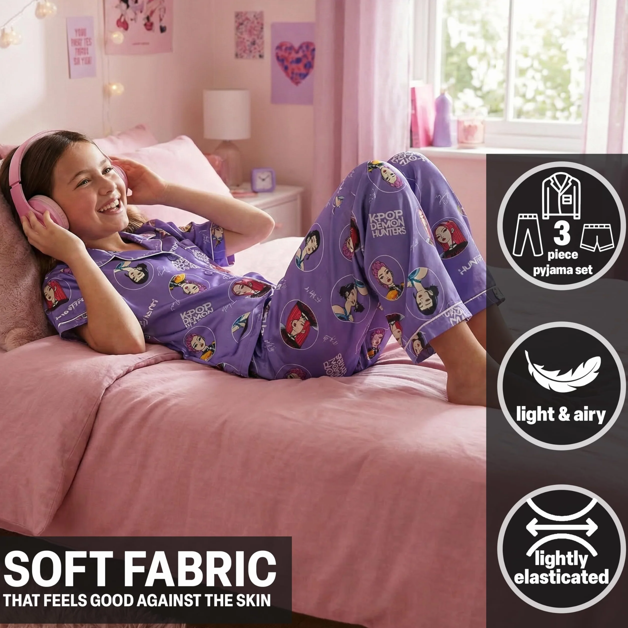 Get Trend Kpop Demon Hunters Huntrix Ensembles de Pyjama Fille 5 à 14 Ans, 3 Pièces Chemise Boutonnée, Pyjama Short et Pantalon, Ete Cadeau Fille