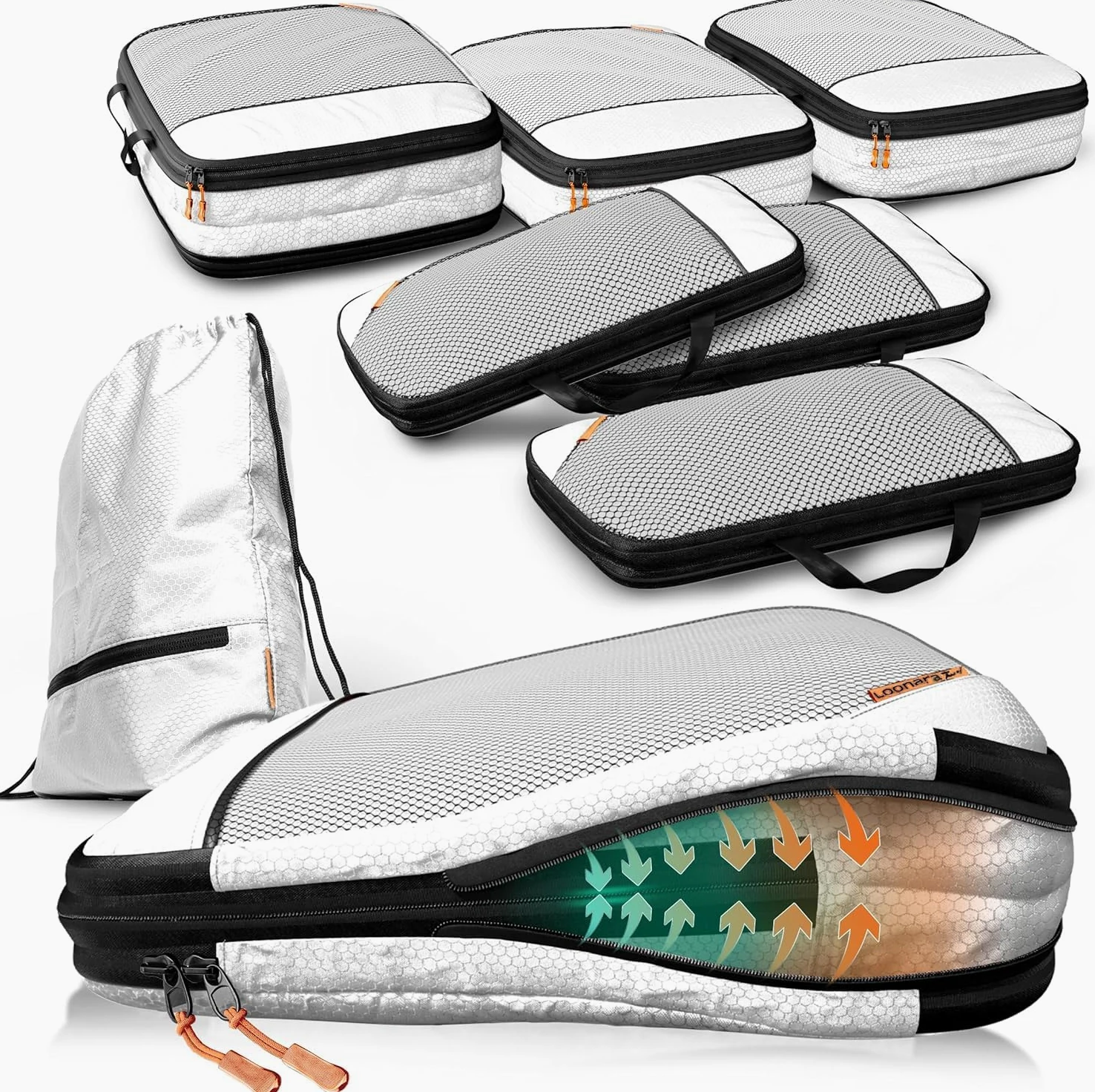 LOONARA Sacs de compression pour valises et sacs à dos [7 pièces] - Cubes compressibles, organiseurs bagages, sacs de voyage, accessoires camping et randonnée (Ardoise Alpine - Gris)