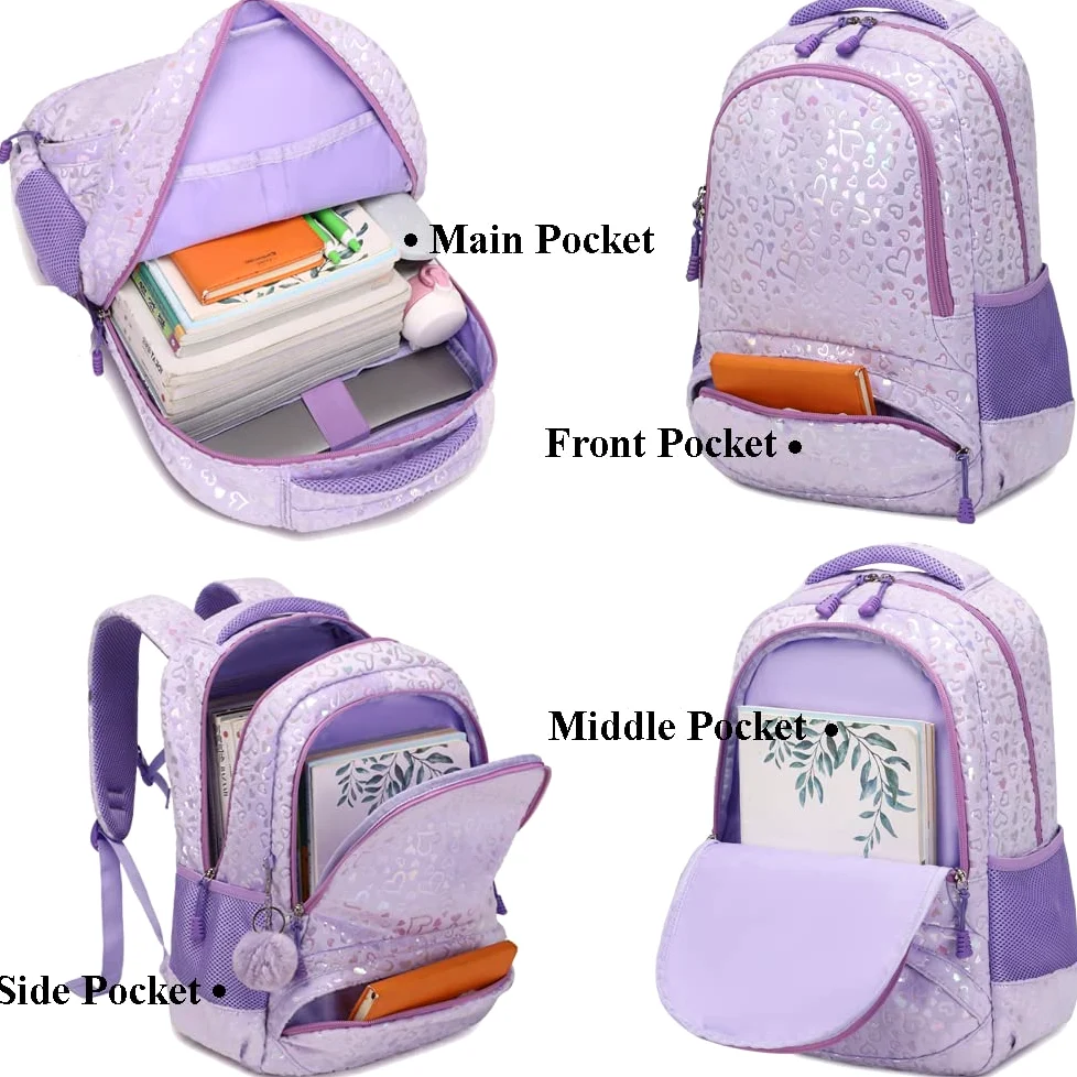 Kimwadalh Cartable Primaire Sac à Dos pour Filles Amour Sac à Dos pour Enfants,Léger Cartable 3 PCS Ensemble de Sacs d'école,avec Sac à Lunch et Trousse
