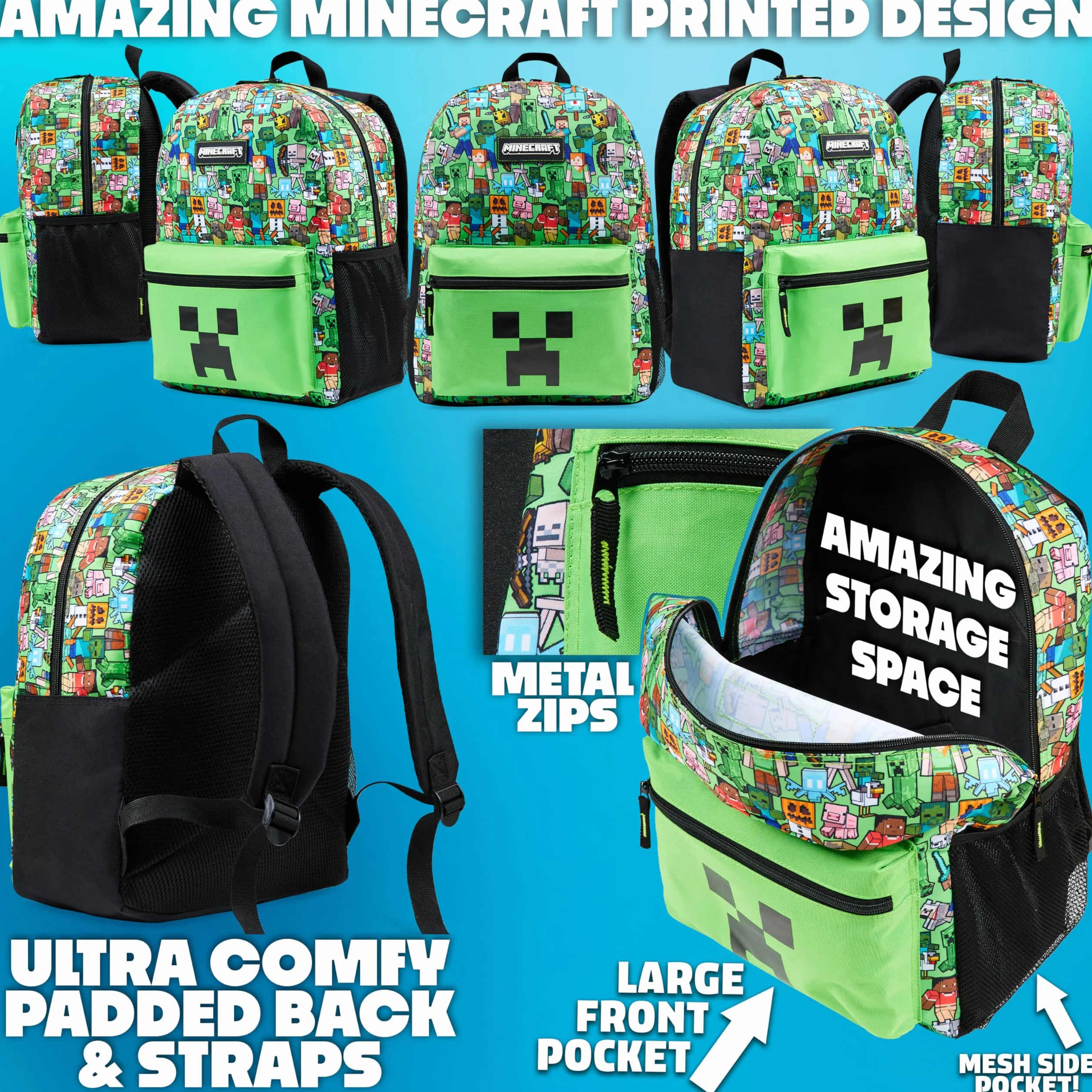 Minecraft Sac à Dos Enfant 5 Pièces Bouteille d'eau Sac Repas Isotherme Kawaii Trousse Sac à Cordon ou Lanière et Porte Clés (Vert AOP)