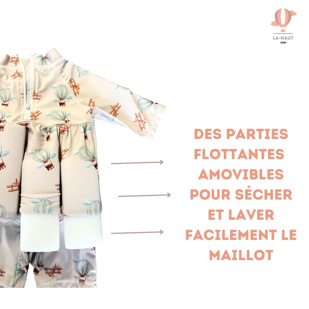 Maillot de Bain Enfant garçon Une pièce Aide à la flottabilité, Flotteurs retirables pour sécurité Confiance, Protection Anti-UV+, Motif Montgolfières Avions, Combinaison Manches Longues, Vintage