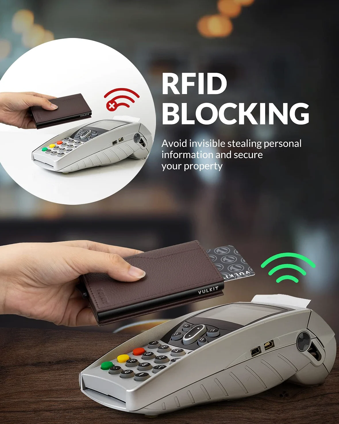 VULKIT Porte Cartes de Crédit avec Double Fenêtre d'Identification RFID Bloquant Le Portefeuille Automatique de Cartes Pop Up pour Cartes et Billets