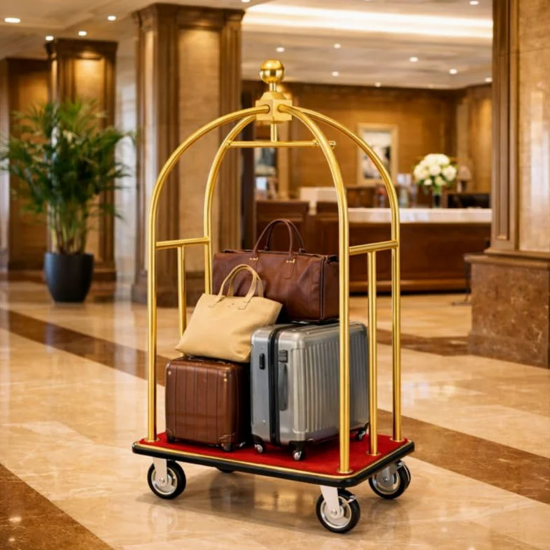 Chariot à Bagages Hôtel Doré - INOX - Plateforme Moquette Rouge - 4 Roues - Luxe Professionnel