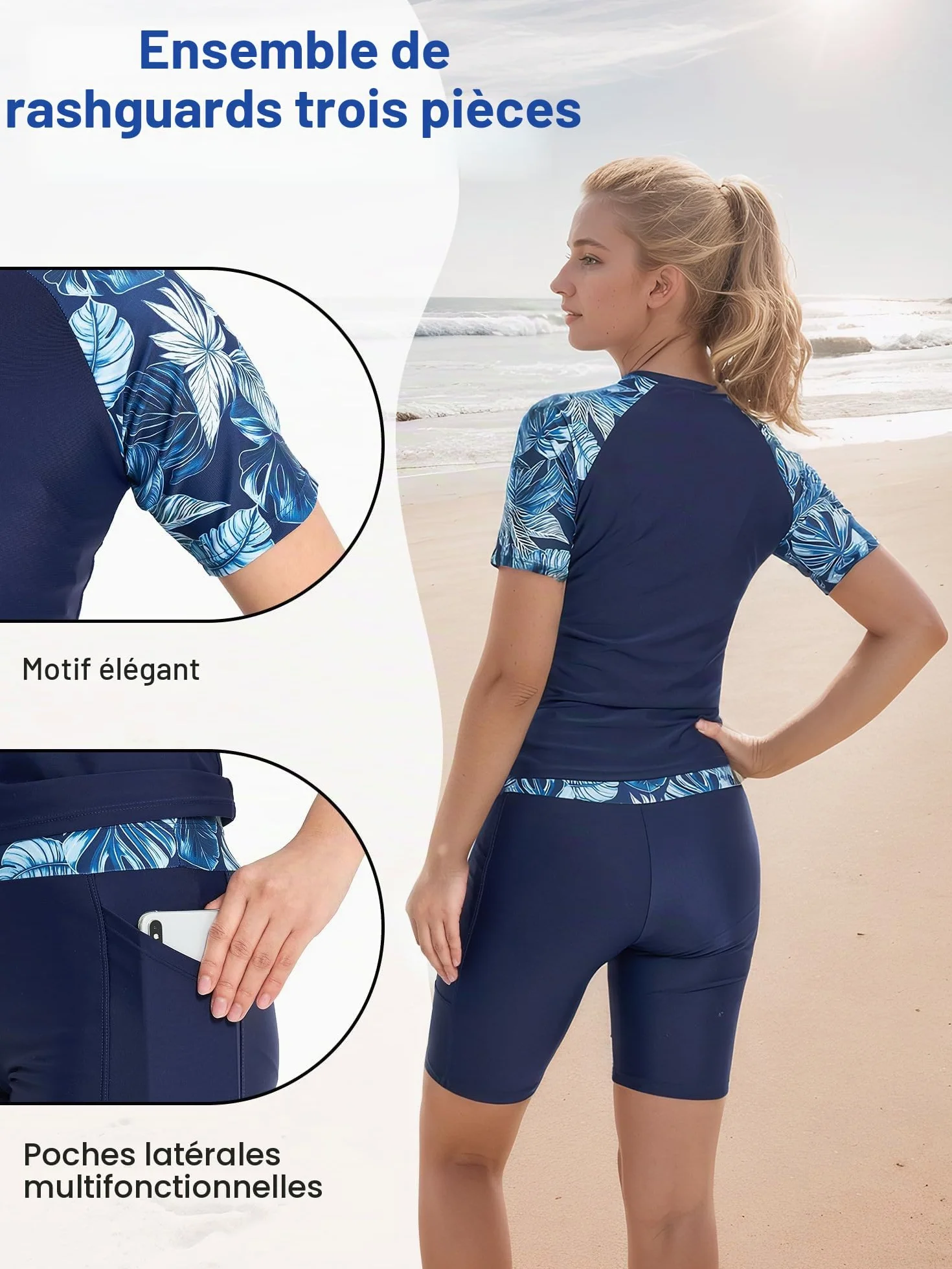 Owntop Maillot de bain 3 pièces Rashguard UPF50+ UV pour femme | Rashguard à manches courtes, haut de bikini et short taille haute | maillots de bain modestes | natation surf, bleu, XXL