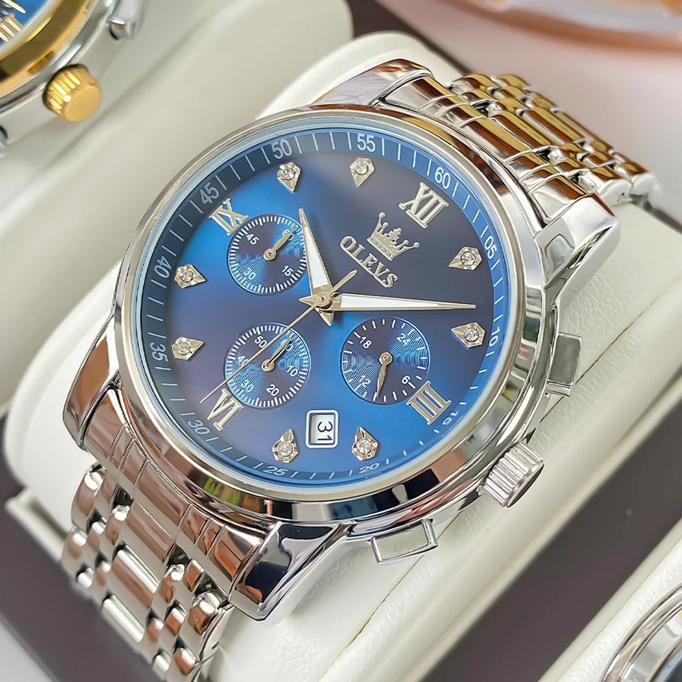 OLEVS Hommes en Acier Inoxydable Chronographe Doré Argent Analogique Quartz Grand Cadran Diamant Montre De Luxe éTanche Date Cadran NuméRique Romain