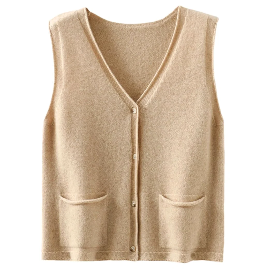 Alloaone Gilet Ample À Col en V pour Femmes, sans Manches, en Cachemire Tricoté avec Poche, Cardigan À La Taille