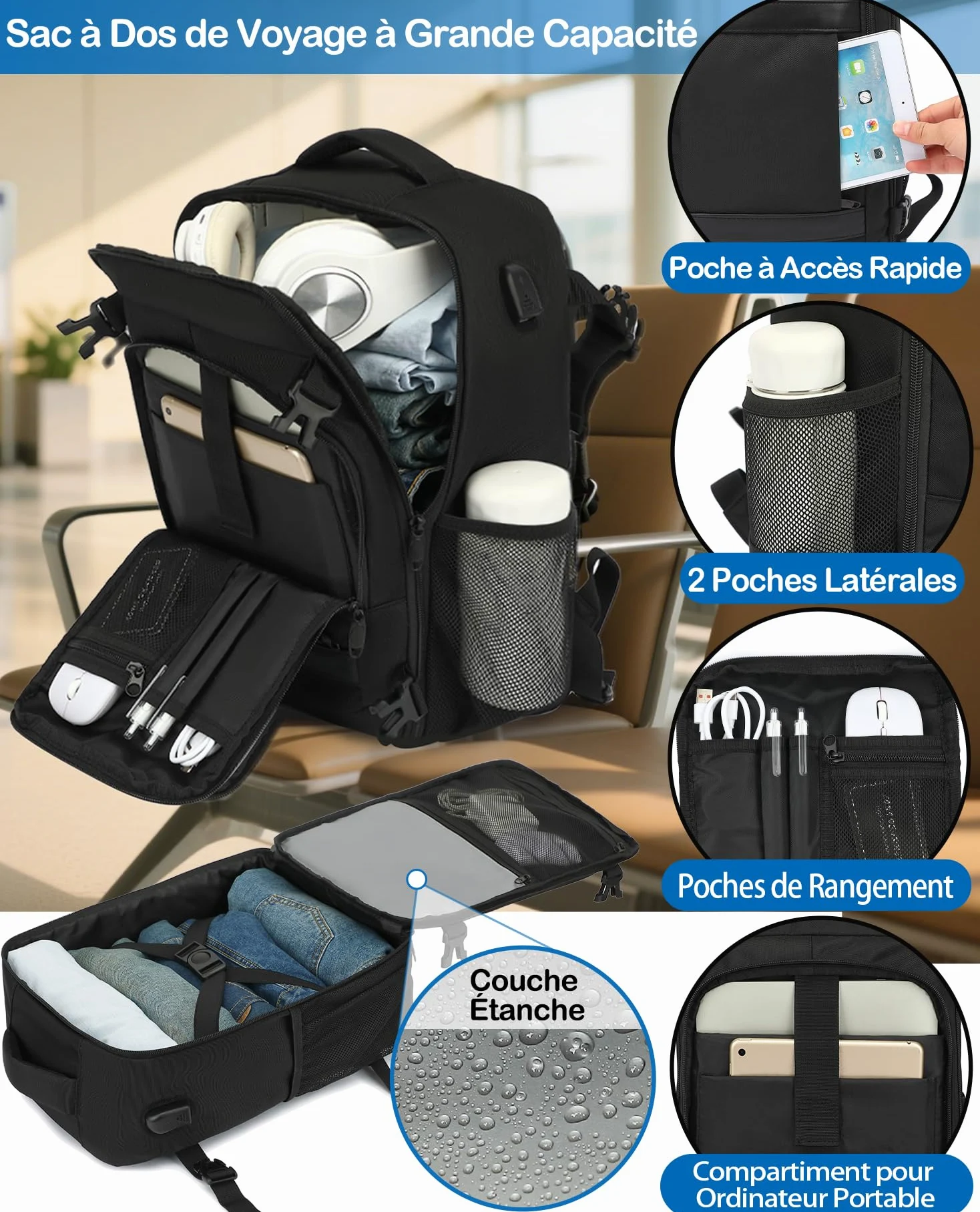 KLOSTAIN Sac à Dos Voyage Cabine Avion 45x36x20 pour Easyjet 30L Bagage Cabine Grande Bagage à Main sous Le Siège Sac à Dos Homme pour Ordinateur Portable 14 Noir