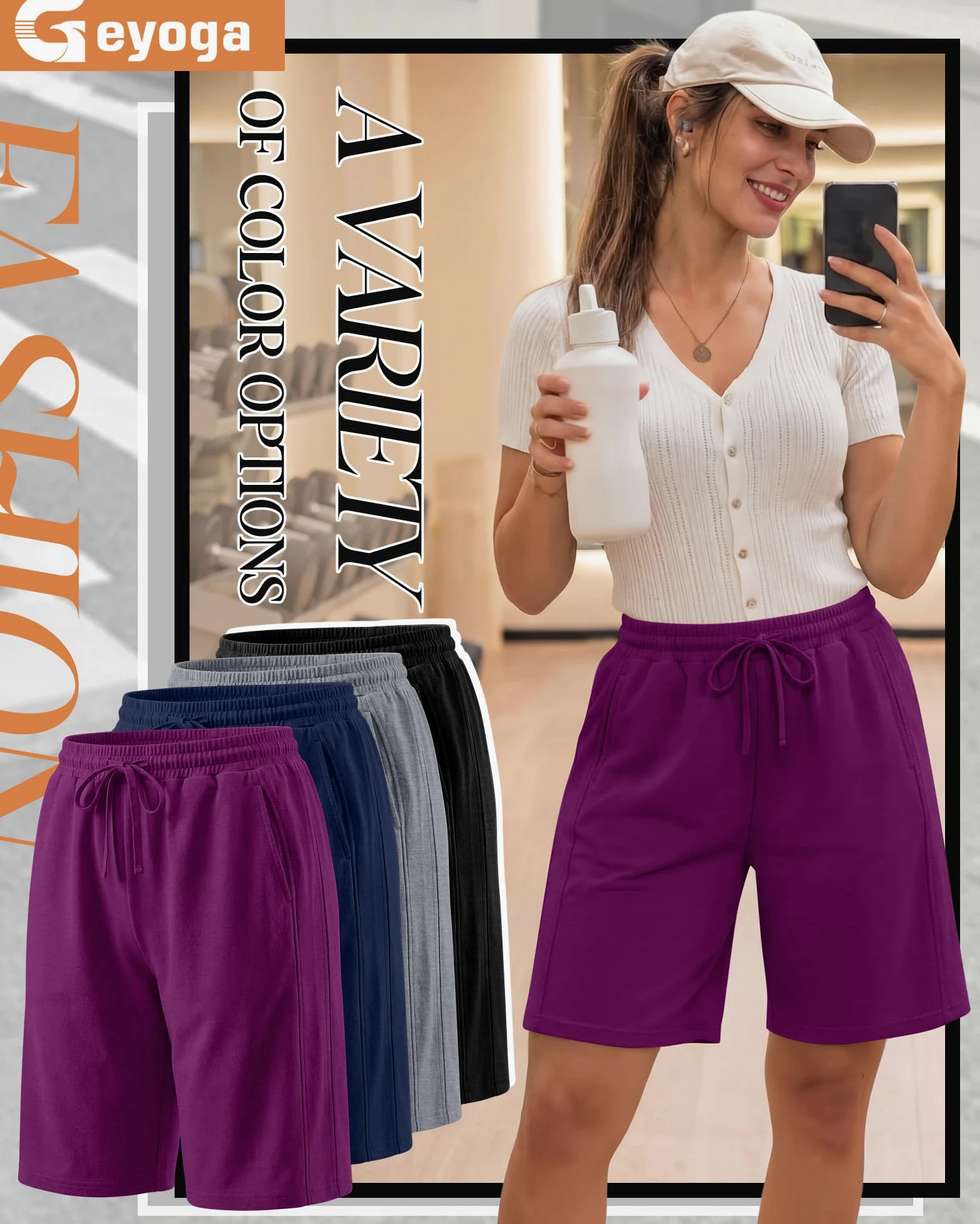 Geyoga Lot de 4 Bermudas pour Femmes, Taille Élastique avec Cordon de Serrage, Jambes Larges et Jambes Longues.