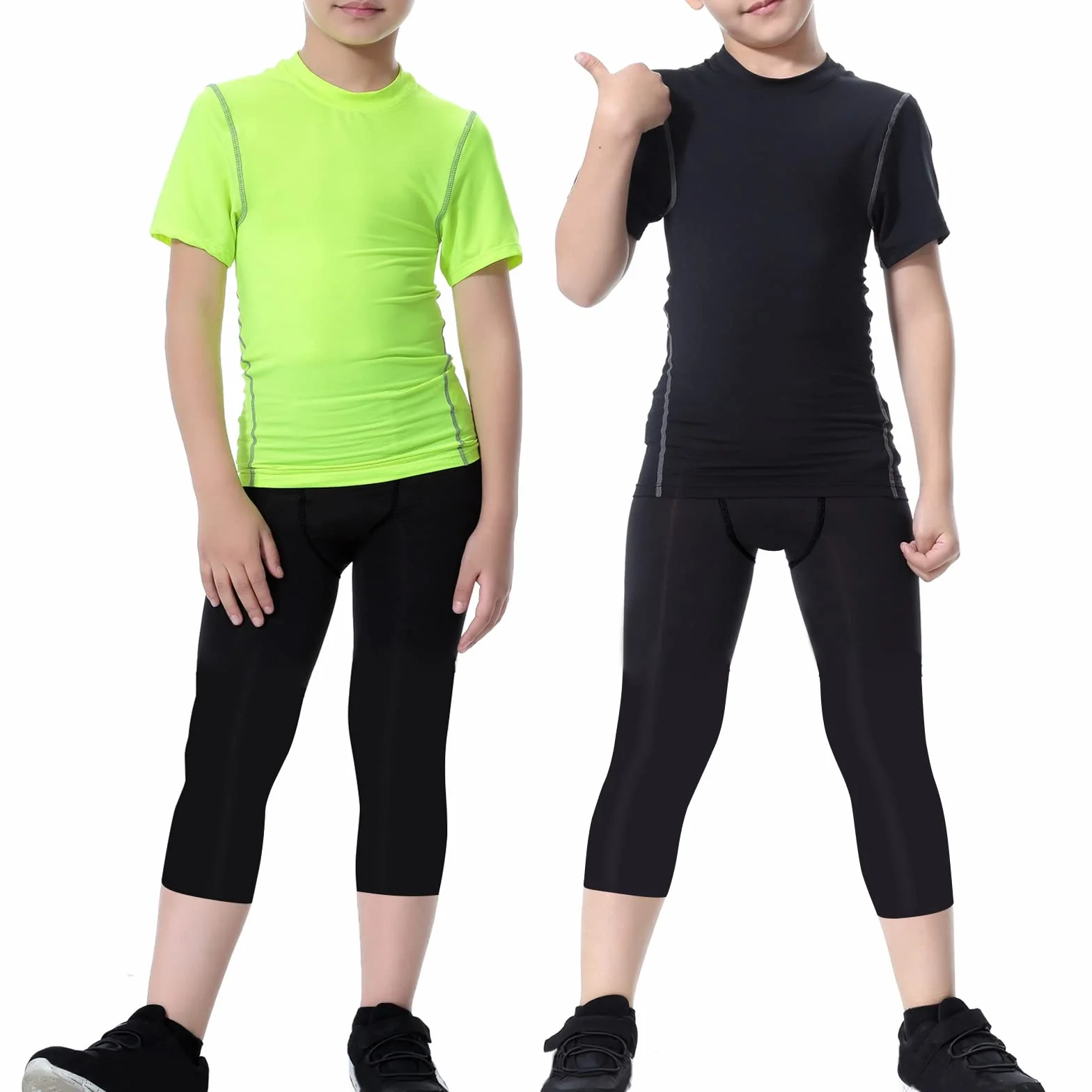 Garçons Jeunes Leggings de Compression 3/4 Collants Couche de Base Pantalon de Course Sportive Capris Enfants pour l’entraînement