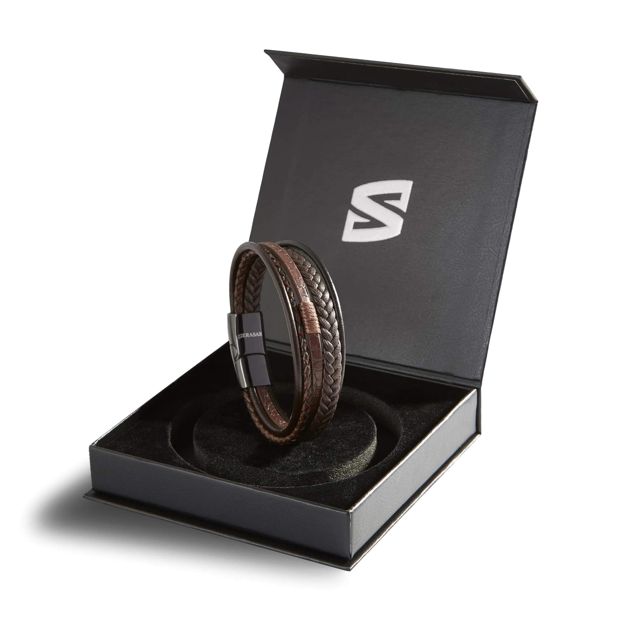 SERASAR | Bracelet Haut de Gamme pour Homme en Cuir Véritable Noir et Marron | Fermoir Magnétique en Acier Inoxydable | Coffret à Bijoux Inclus | Idée Cadeau Idéale