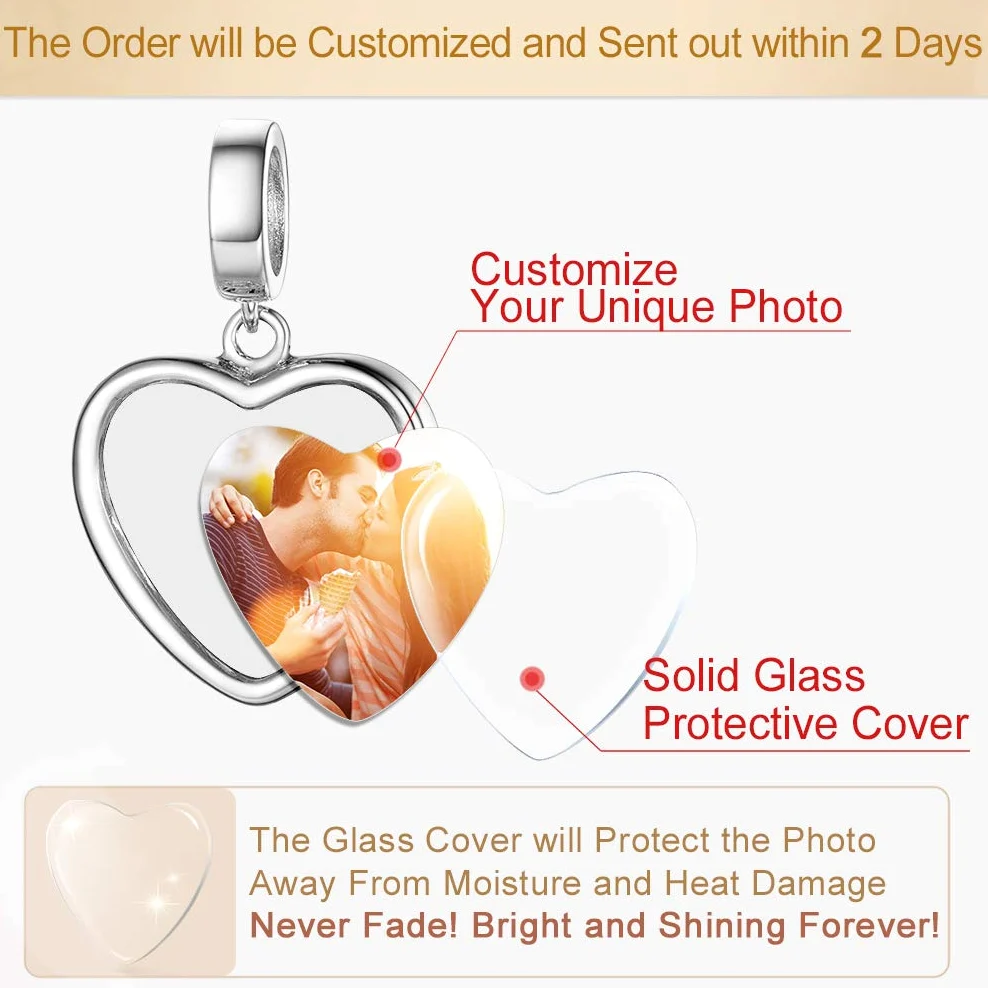 Custom4U Charme Coeur Personnalisable Charm Argent avec Photo Gravé Breloque pour Bracelet Bijoux Cadeau Personnalisé Maman Fille