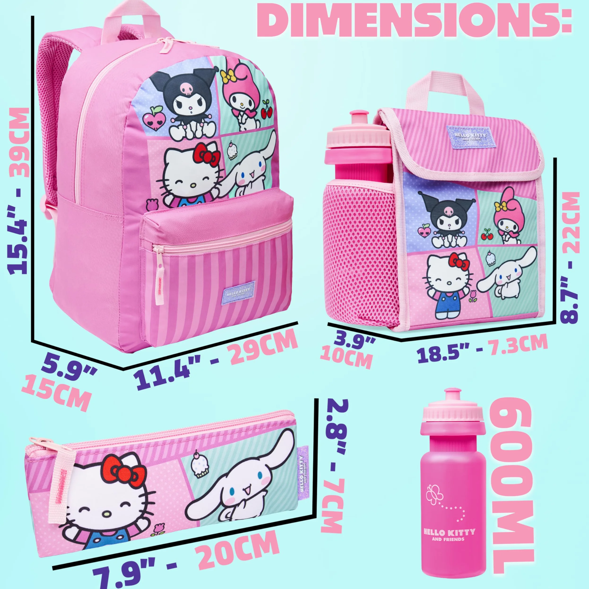 Hello Kitty Sanrio Sac à Dos Fille Kit Scolaire 4 Pièces Trousse Kawaii Sac Isotherme Repas Gourde 600ml Kuromi Cinnamoroll