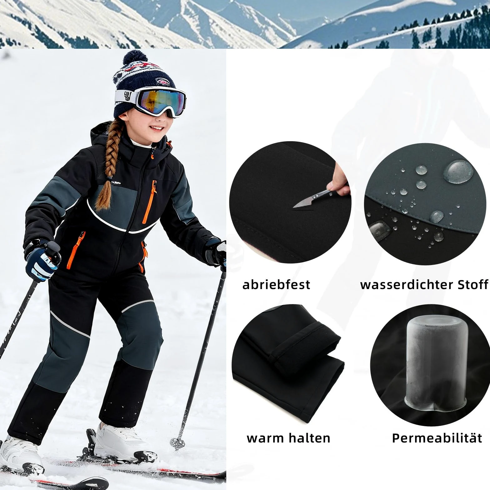 Hill & Sea Pantalon de ski pour enfant - Imperméable - En softshell - Taille élastique - Doublure polaire - Chaud