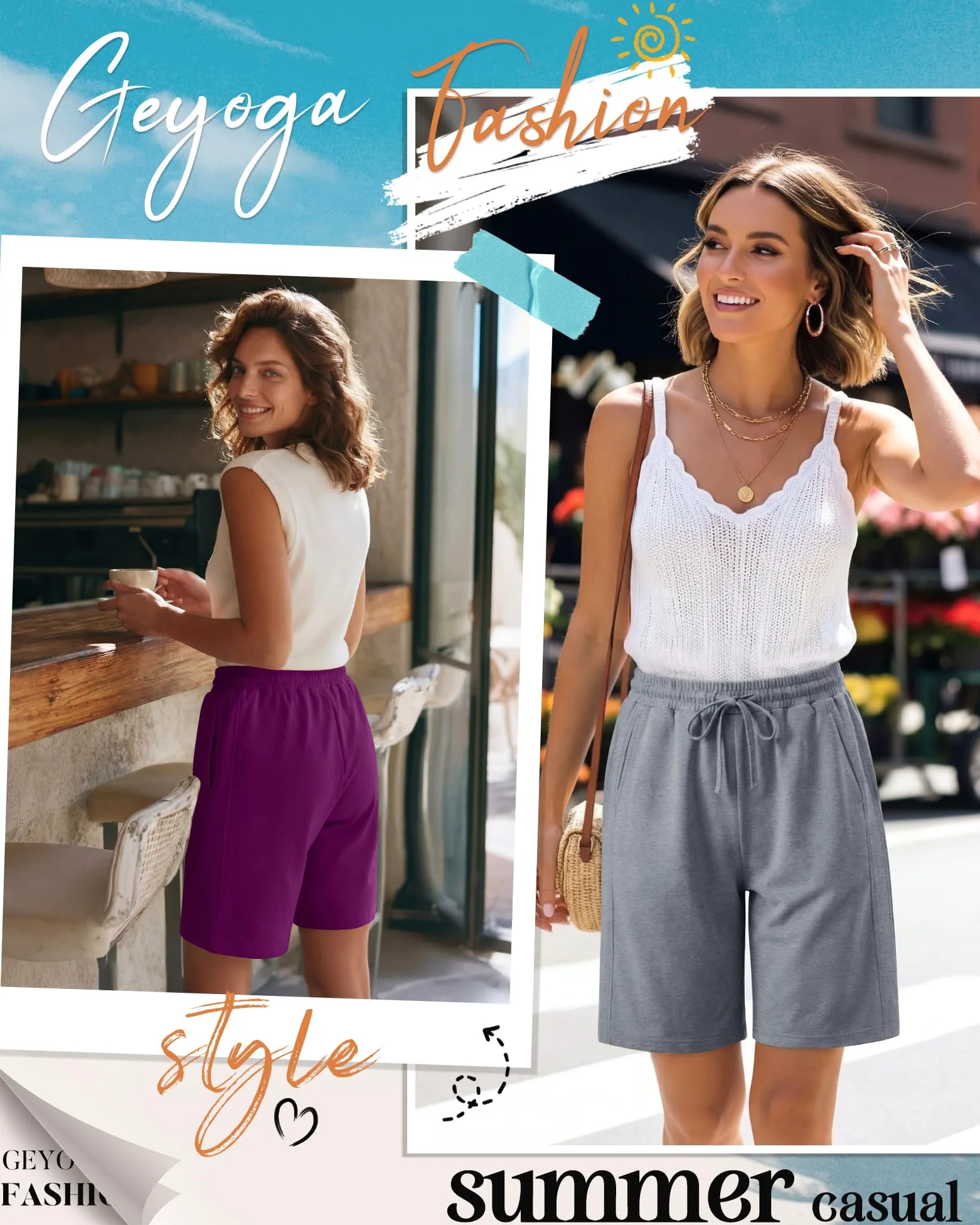 Geyoga Lot de 4 Bermudas pour Femmes, Taille Élastique avec Cordon de Serrage, Jambes Larges et Jambes Longues.