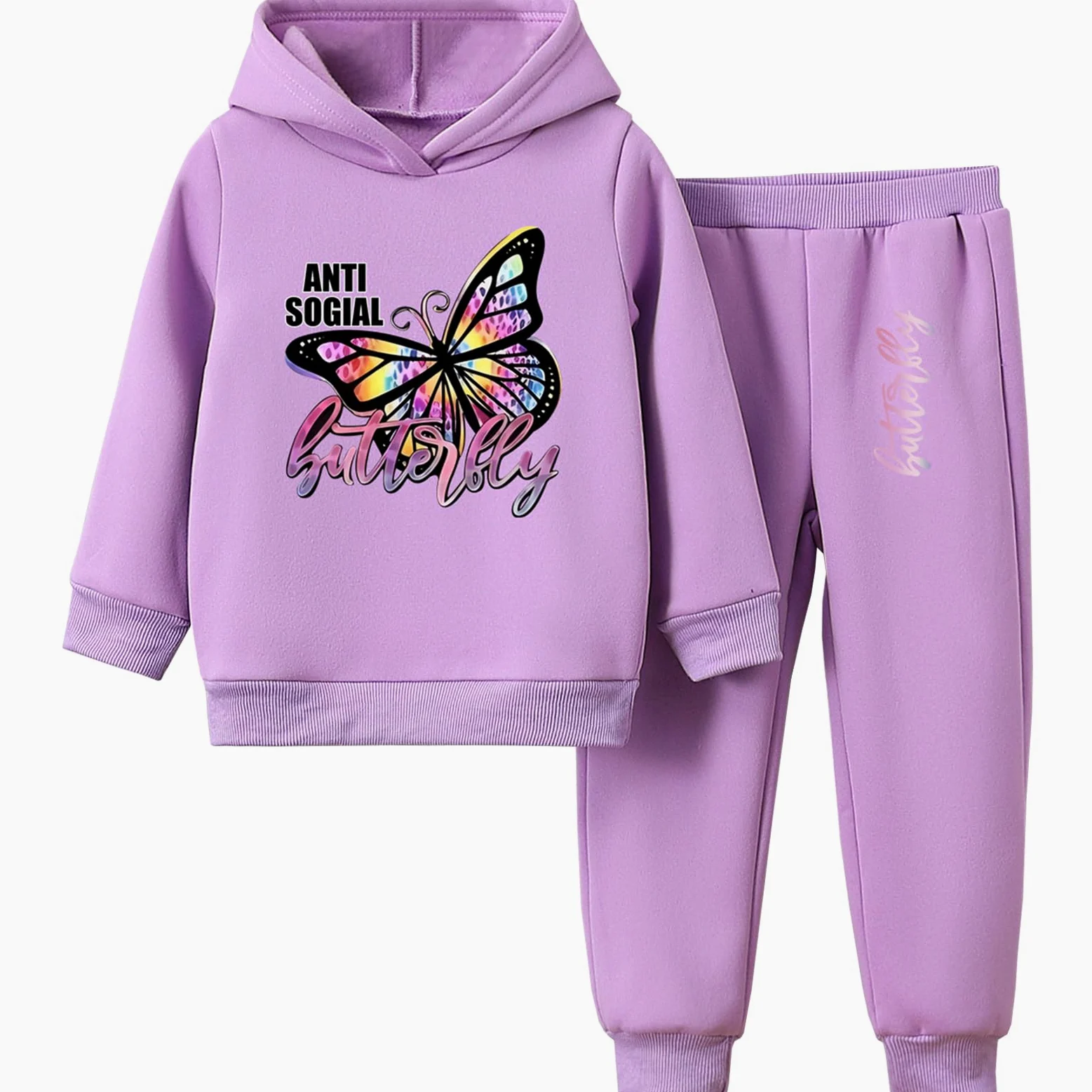 Survêtement Enfant Fille Imprimé de Papillon Ensemble de Sport 2pcs Sweatshirt à Capuche + Pantalons Costume jogging