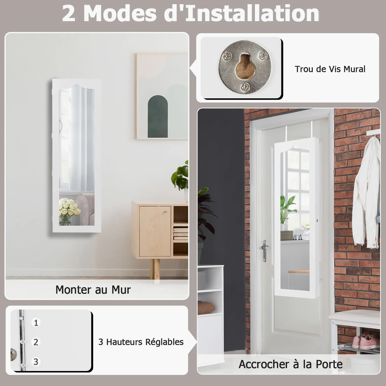 GOPLUS Armoire à Bijoux Mural avec Miroir et Lumière LED, Armoire de Rangement Mural, Accrochée à la Porte avec Serrure, Meuble de Rangement, Miror Porte-Bijoux 120 x 36,5 x 11,5CM, Blanc