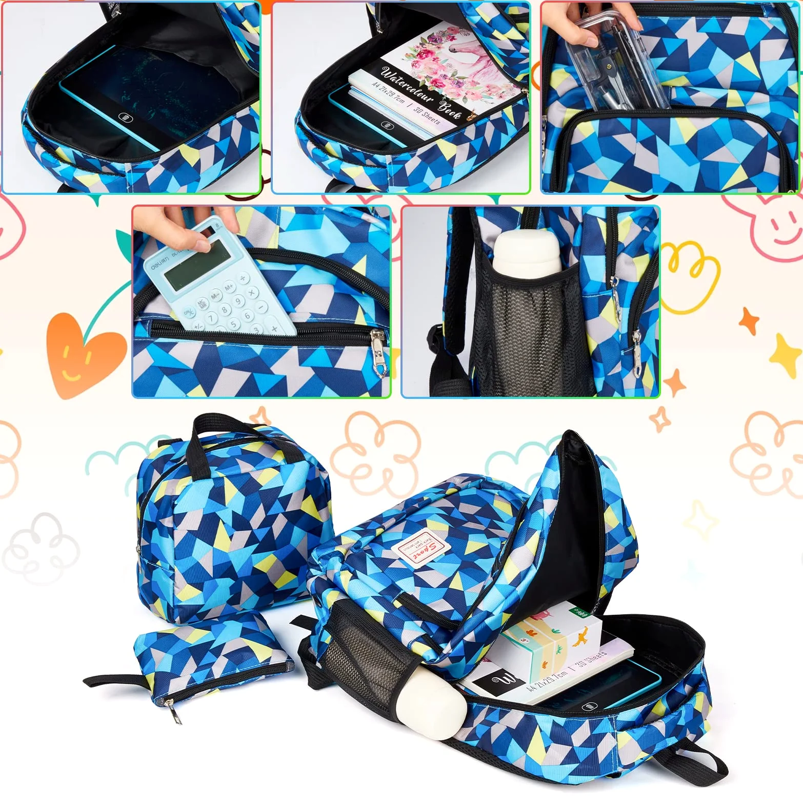 Sciphylia Cartable Fille Primaire Garcon Imperméable Sac a Dos Enfant Fille CP CE2 Elementaire 3 en 1 Sac à Dos Poids Léger avec Sacs à Lunch et Trousse pour CE1 CM1 CM2 D'école Étudiants, Bleu