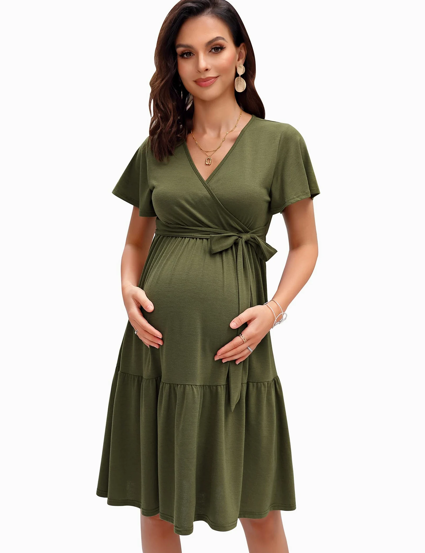 KOJOOIN Robe de maternité pour Femme Robe d'allaitement à col en V Robes de maternité décontractées à Volants