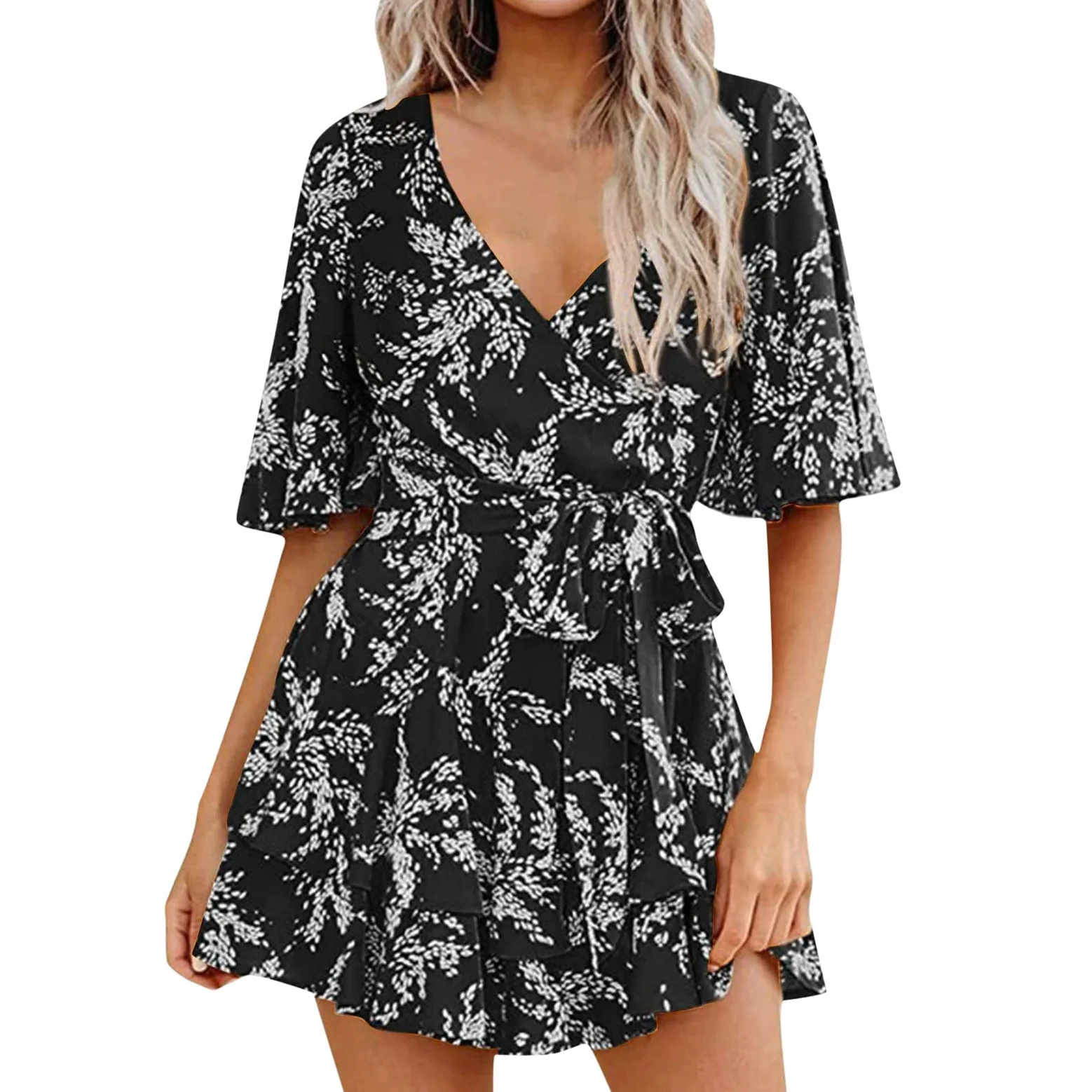 Eté Col V Plage Femmes Combinaison Short Taille Elastique Combinaison De Robe Plissée À Volants avec Et Manches Cloche pour Femme Blouse Jetable Ete Jumpsuit Col V Manche Courte Taille Haute Casual