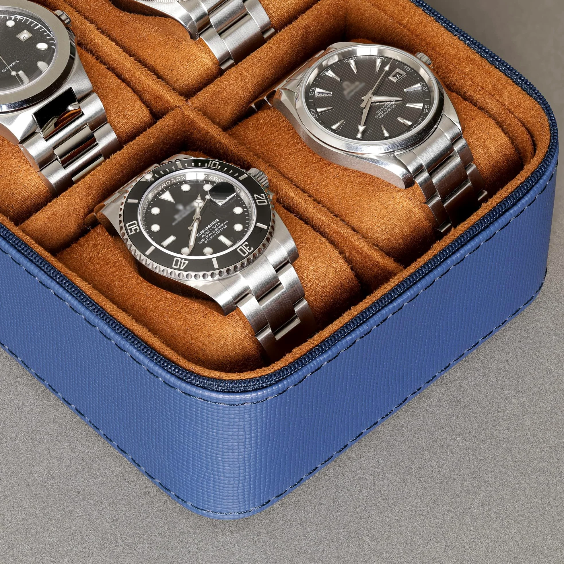 ROTHWELL Étui de voyage pour 5 montres, Ecrins pour montres - Protection robuste et portable avec fermeture éclair - S'adapte à toutes les montres jusqu'à 50 mm (BleuBeige)
