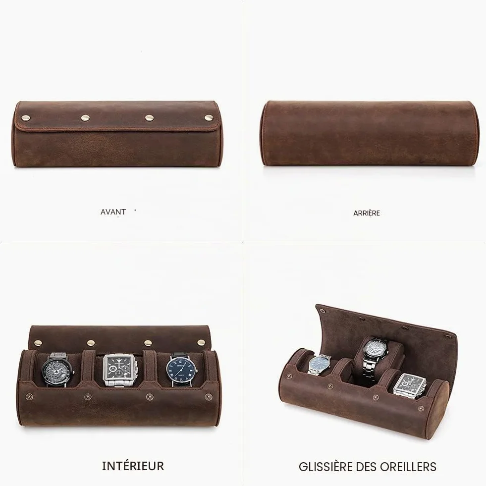 Contacts Étui de voyage en cuir véritable pour homme et femme, boîte de rangement de montre, pochette de protection à 3 emplacements pour montre