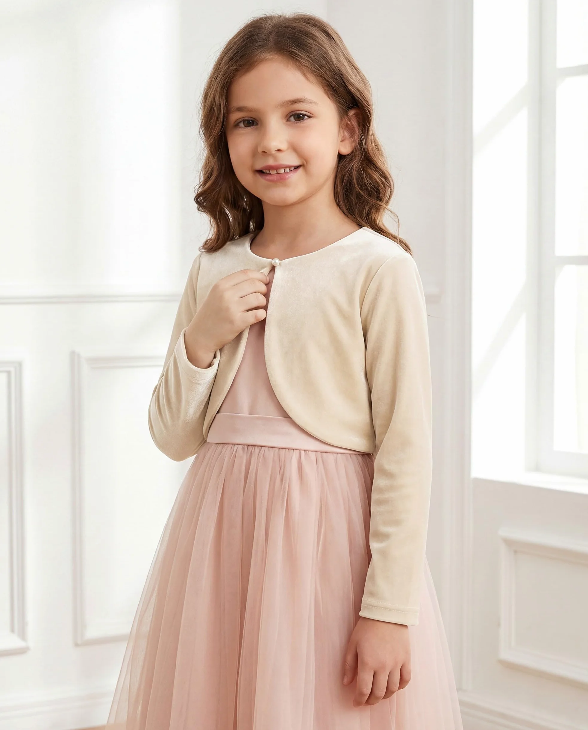 Bolerose Boléro Pull en Velours à Manches Longues pour Fille Enfant