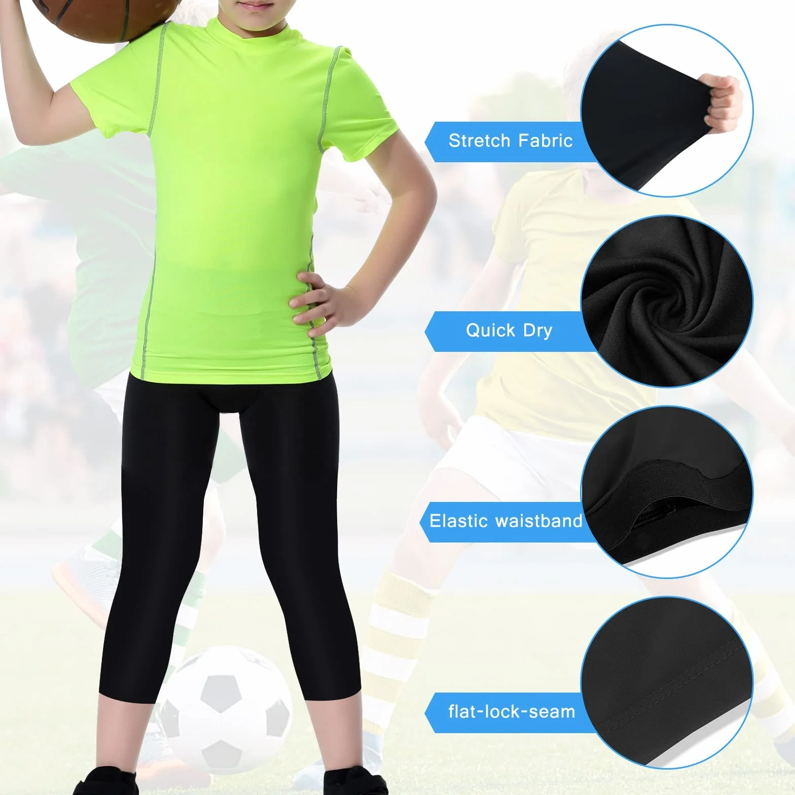 Garçons Jeunes Leggings de Compression 3/4 Collants Couche de Base Pantalon de Course Sportive Capris Enfants pour l’entraînement