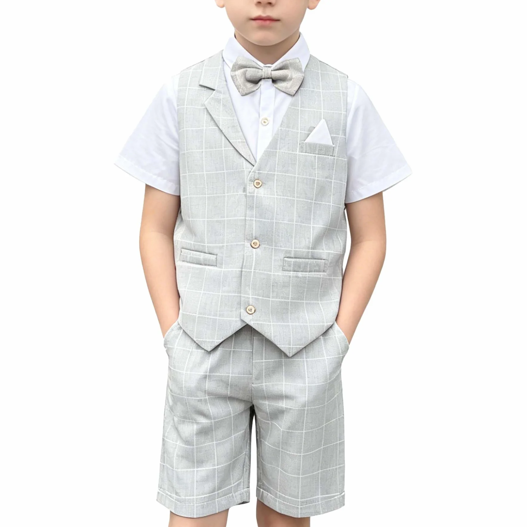 LOLANTA 4 pièces Costume Enfant Garcon Mariage Ete, Vetements Garcon Ceremonie, Ensemble Costume Short Gilet Chemise avec nœud Papillon pour 2-12 Ans